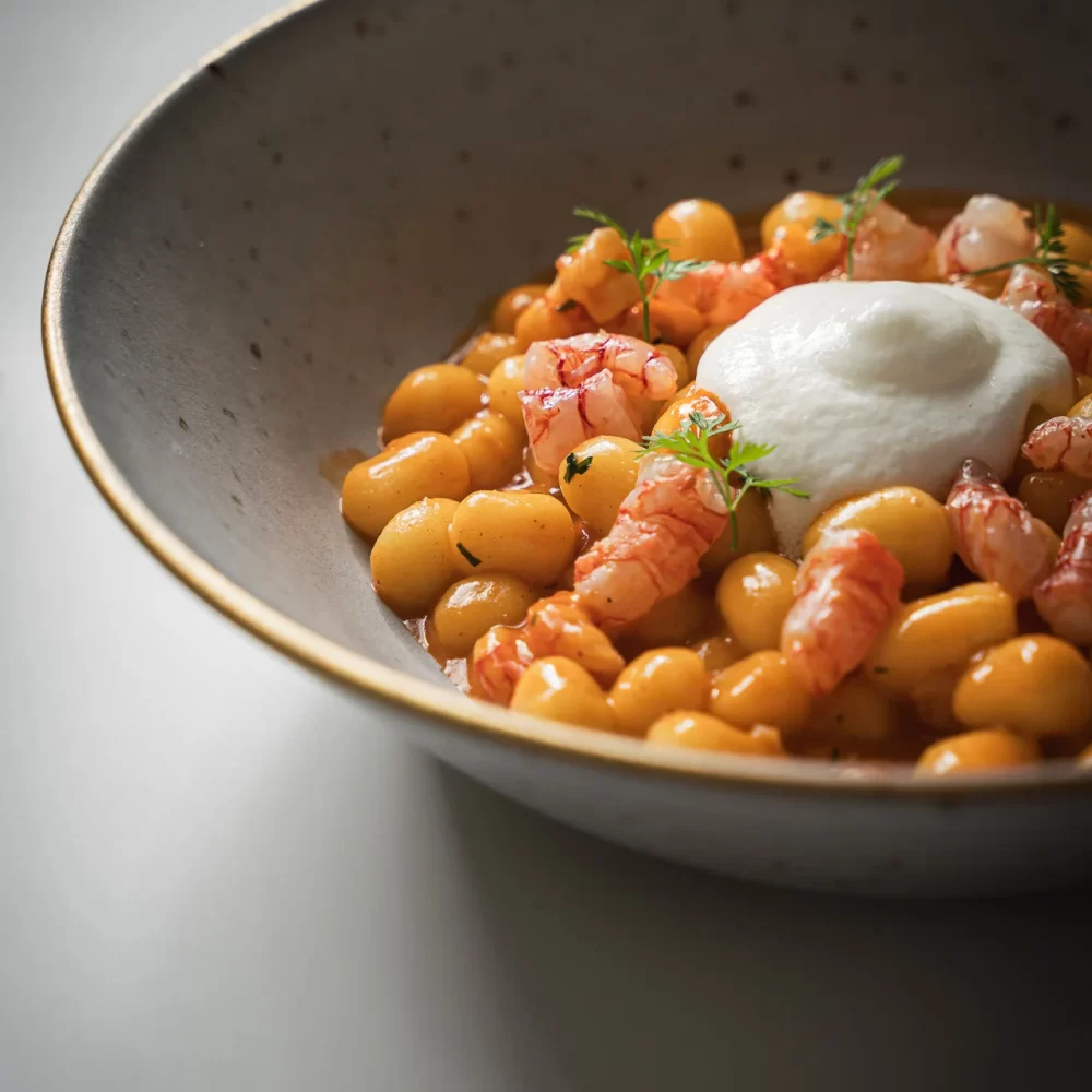 Piatto gourmet di gnocchi con astice e crema in una ciotola elegante.